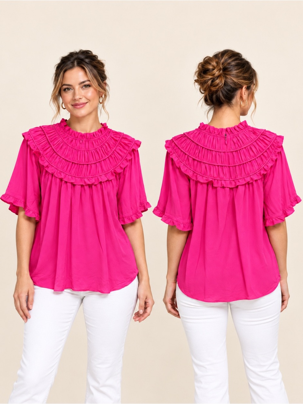 Entro Hot Pink Ruffle Yoke Blouse Size Large NWT